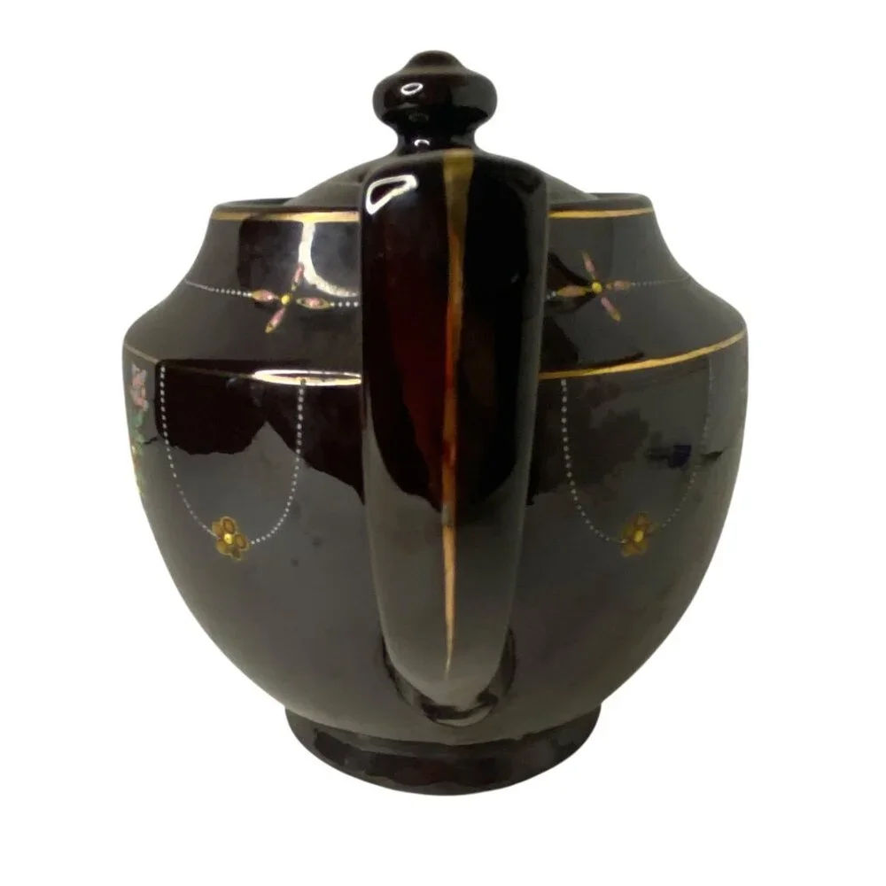 Vintage 1940's Glossy Brown Ceramic Teapot Moriage Painted Flower Made‎ in Japan